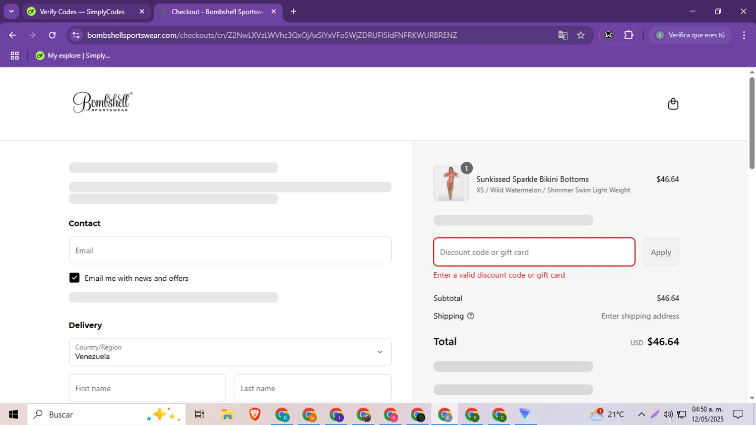Bombshell Sportswear discount code screenshot showing code LD20 applied at Bombshell Sportswear checkout page. Uploaded by SimplyCodes community member MoneySeeker8573 on May 12, 2025