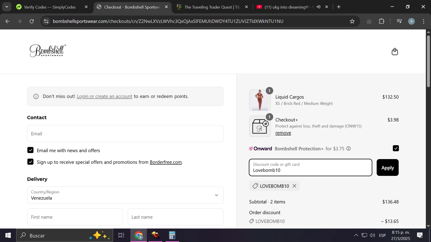 Bombshell Sportswear discount code screenshot showing code Lovebomb10 applied at Bombshell Sportswear checkout page. Uploaded by SimplyCodes community member Anzus777 on Mar 28, 2025
