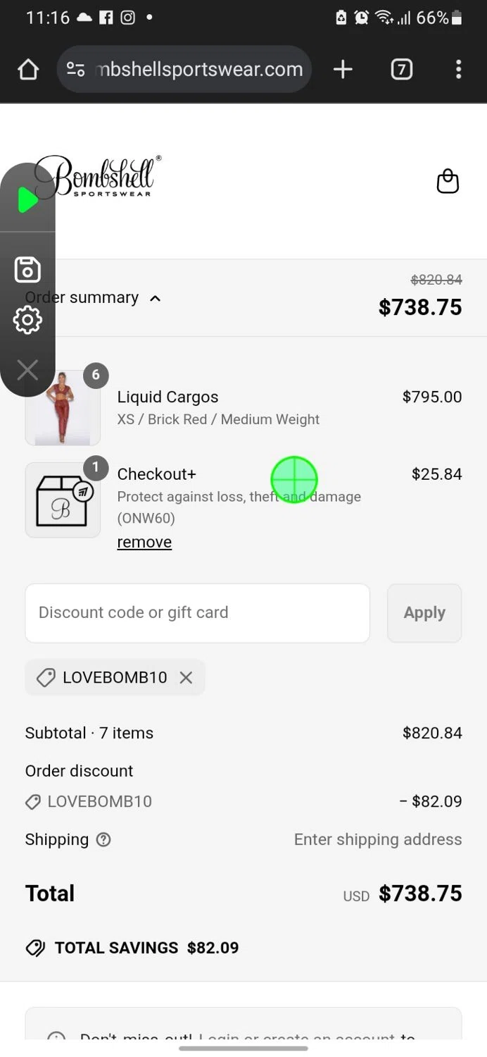 Bombshell Sportswear discount code screenshot showing code Lovebomb10 applied at Bombshell Sportswear checkout page. Uploaded by SimplyCodes community member miguelcrast on Apr 20, 2025