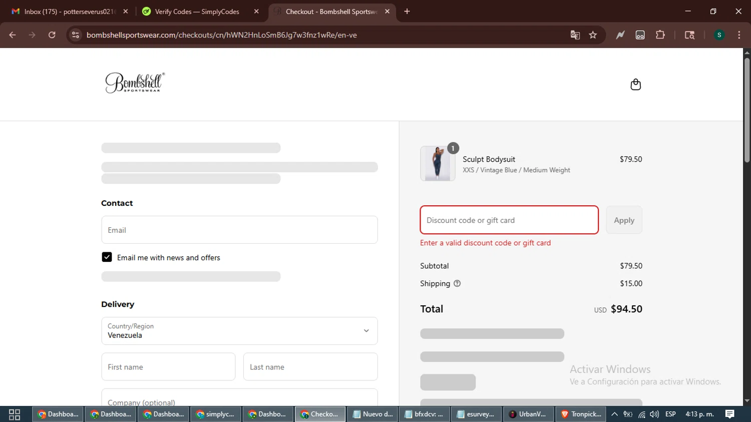 Bombshell Sportswear discount code screenshot showing code 44RLW392 applied at Bombshell Sportswear checkout page. Uploaded by SimplyCodes community member ShrewdAce7935 on Aug 27, 2025