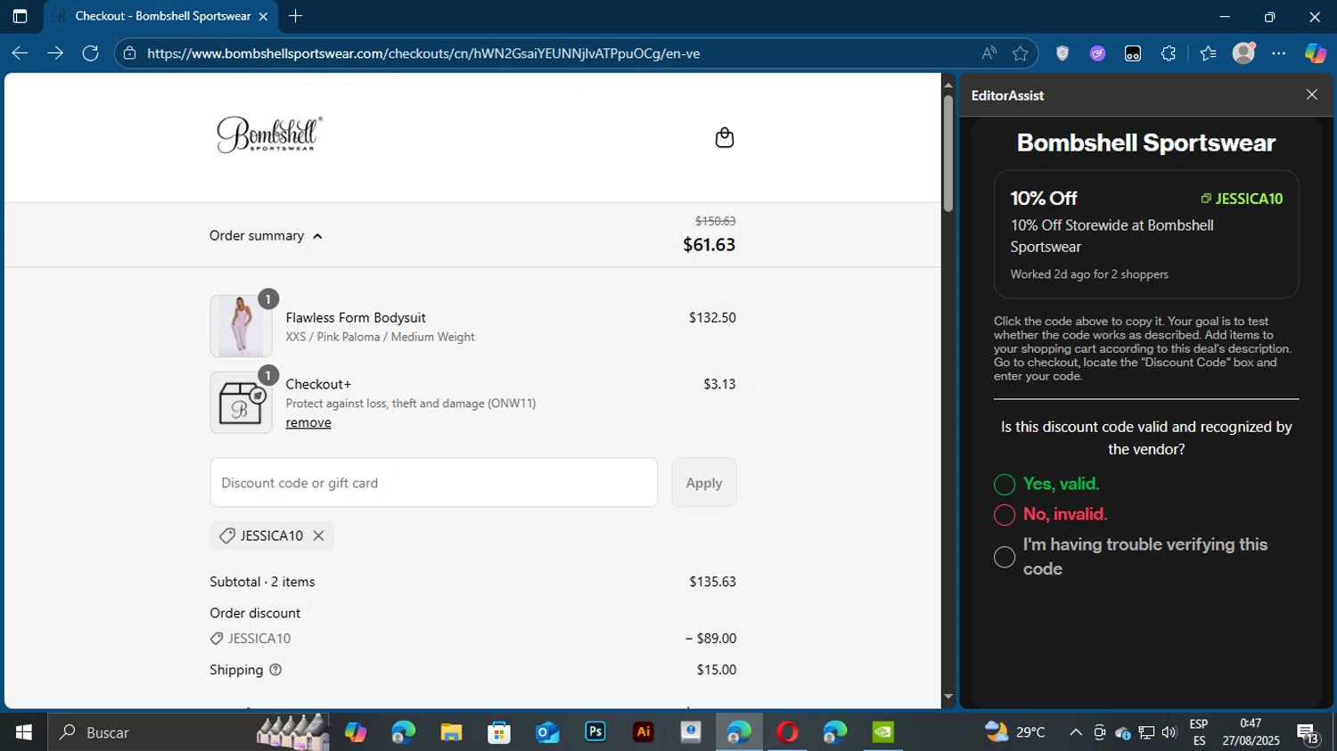 Bombshell Sportswear discount code screenshot showing code Jessica10 applied at Bombshell Sportswear checkout page. Uploaded by SimplyCodes community member PedriPingo on Aug 27, 2025