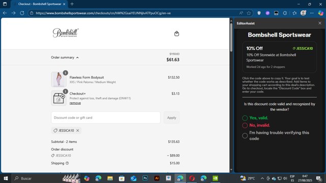Bombshell Sportswear checkout page showing Bombshell Sportswear discount code box | Screenshot taken by SimplyCodes community member on Aug 27, 2025
