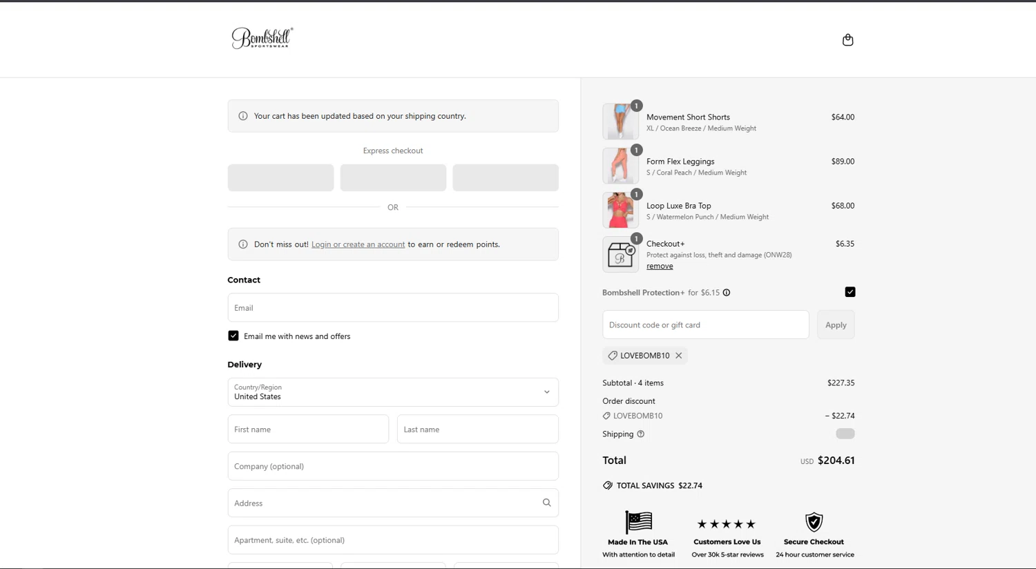 Bombshell Sportswear discount code screenshot showing code LOVEBOMB10 applied at Bombshell Sportswear checkout page. Uploaded by SimplyCodes community member vctr7w7x on Jun 16, 2025