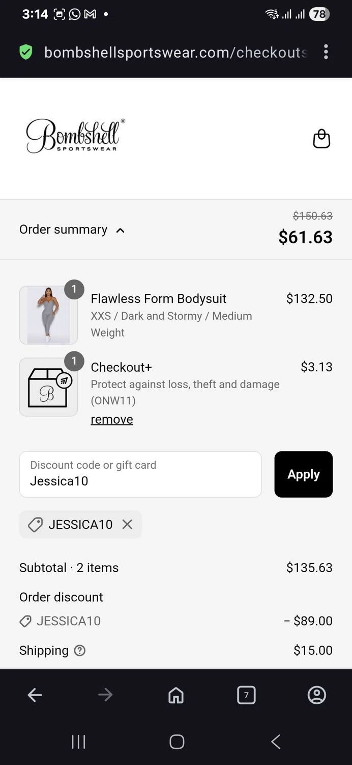 Bombshell Sportswear discount code screenshot showing code Jessica10 applied at Bombshell Sportswear checkout page. Uploaded by SimplyCodes community member vida5254427716958 on Aug 23, 2025