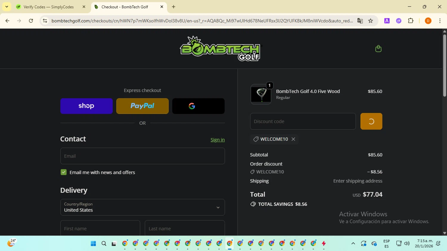 BombTech Golf discount code screenshot showing code WELCOME10 applied at BombTech Golf checkout page. Uploaded by SimplyCodes community member SavingsMaverick3203 on Jan 20, 2026