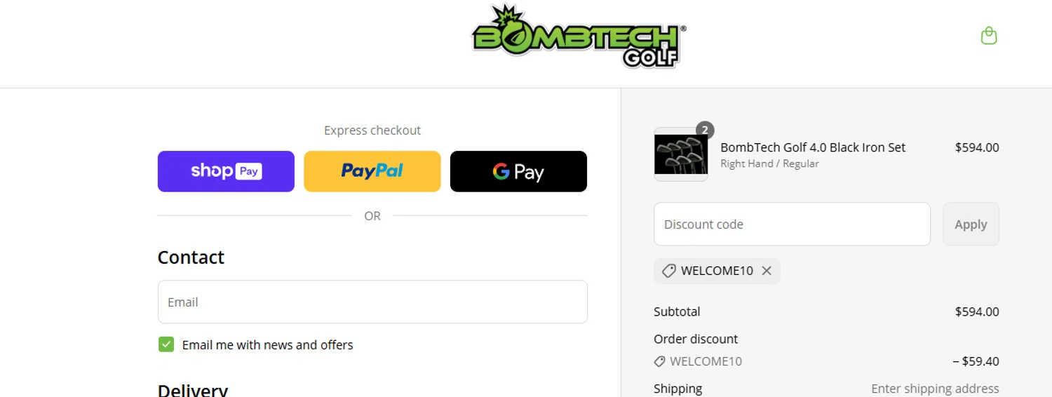 BombTech Golf discount code screenshot showing code WELCOME10 applied at BombTech Golf checkout page. Uploaded by SimplyCodes community member ashe1986 on Jul 15, 2025