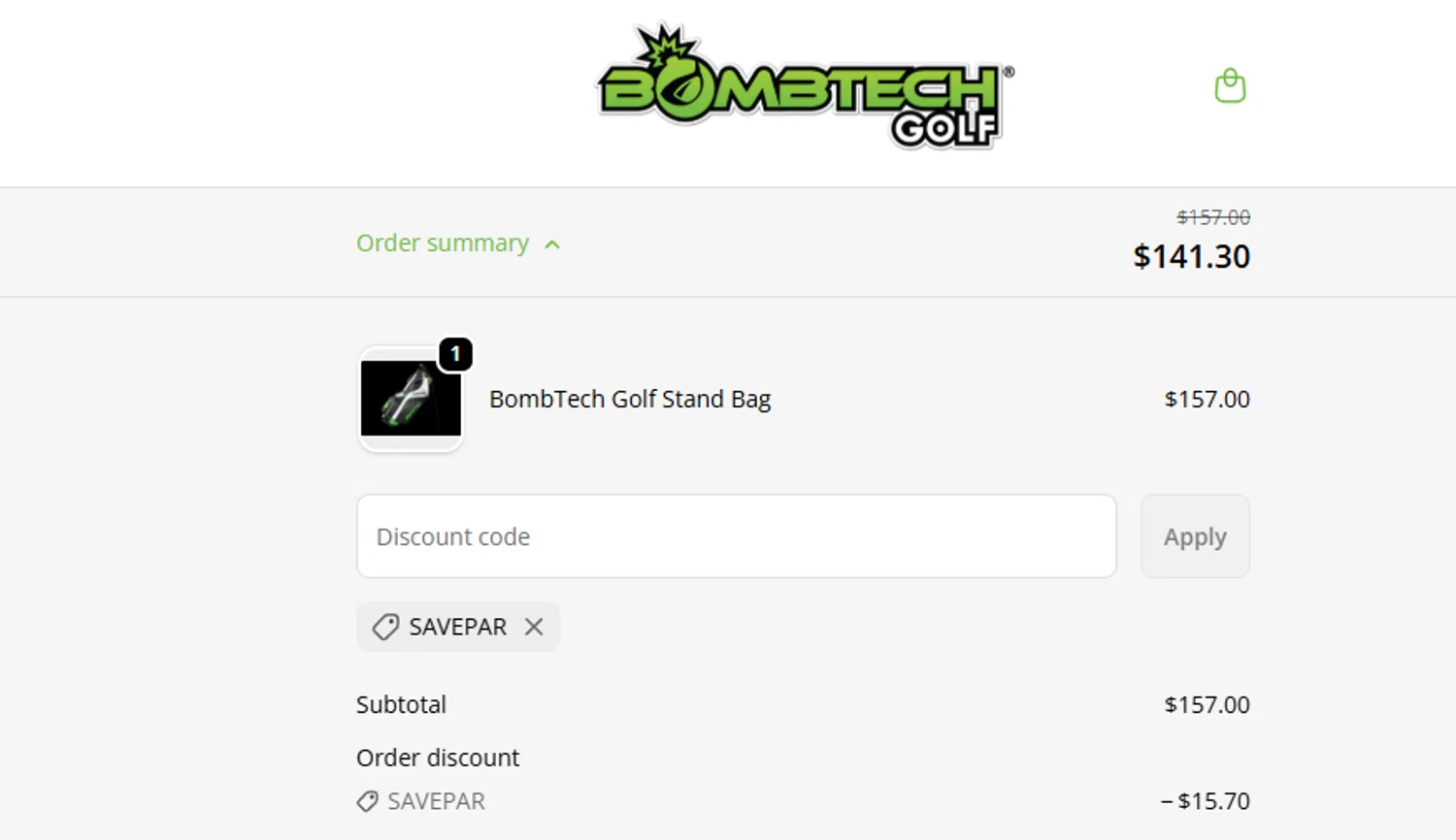 BombTech Golf discount code screenshot showing code SAVEPAR applied at BombTech Golf checkout page. Uploaded by SimplyCodes community member ashe1986 on Sep 23, 2025