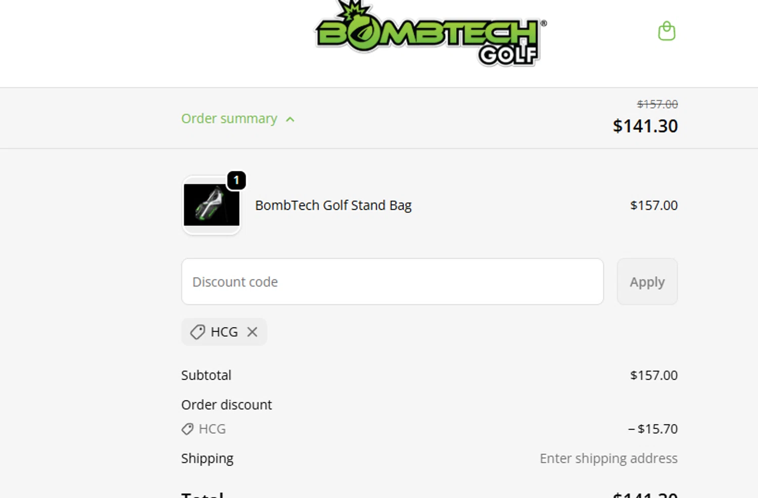 BombTech Golf discount code screenshot showing code HCG applied at BombTech Golf checkout page. Uploaded by SimplyCodes community member ashe1986 on Sep 23, 2025