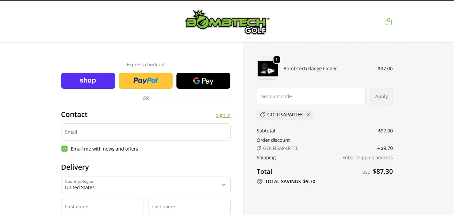 BombTech Golf discount code screenshot showing code GOLFISAPARTEE applied at BombTech Golf checkout page. Uploaded by SimplyCodes community member juanisaac on Jan 8, 2026