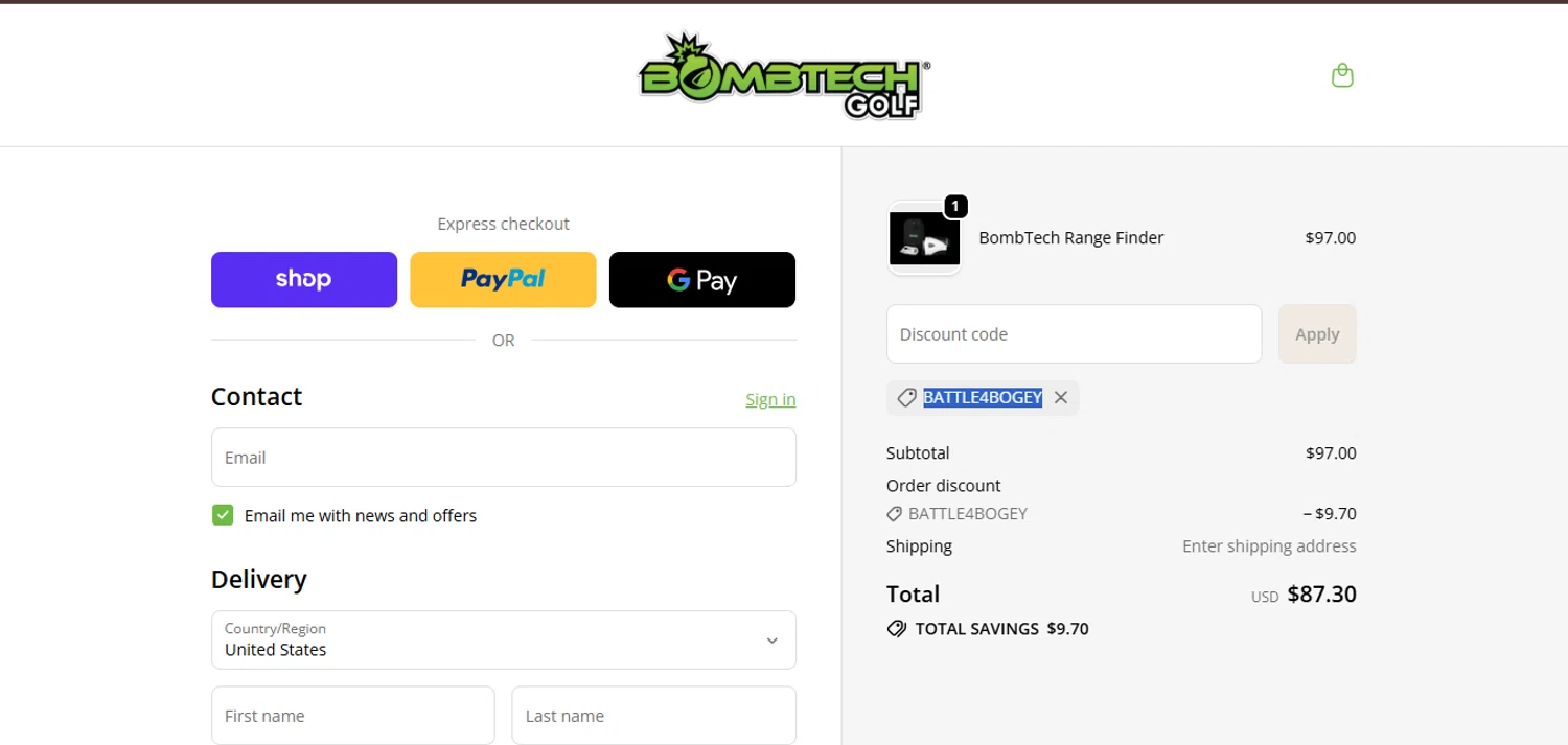 BombTech Golf discount code screenshot showing code battle4bogey applied at BombTech Golf checkout page. Uploaded by SimplyCodes community member juanisaac on Jan 8, 2026