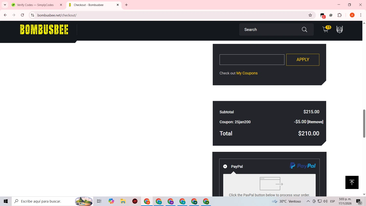 Bombusbee checkout page showing Bombusbee promo code box | Screenshot taken by SimplyCodes community member on Jan 17, 2026