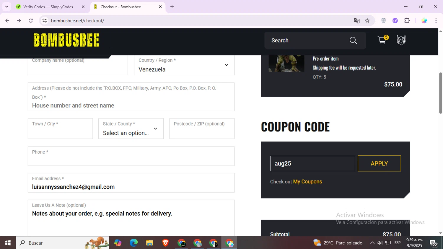 Bombusbee promo code screenshot showing code aug25 applied at Bombusbee checkout page. Uploaded by SimplyCodes community member Estrellitacoairis on Sep 9, 2025