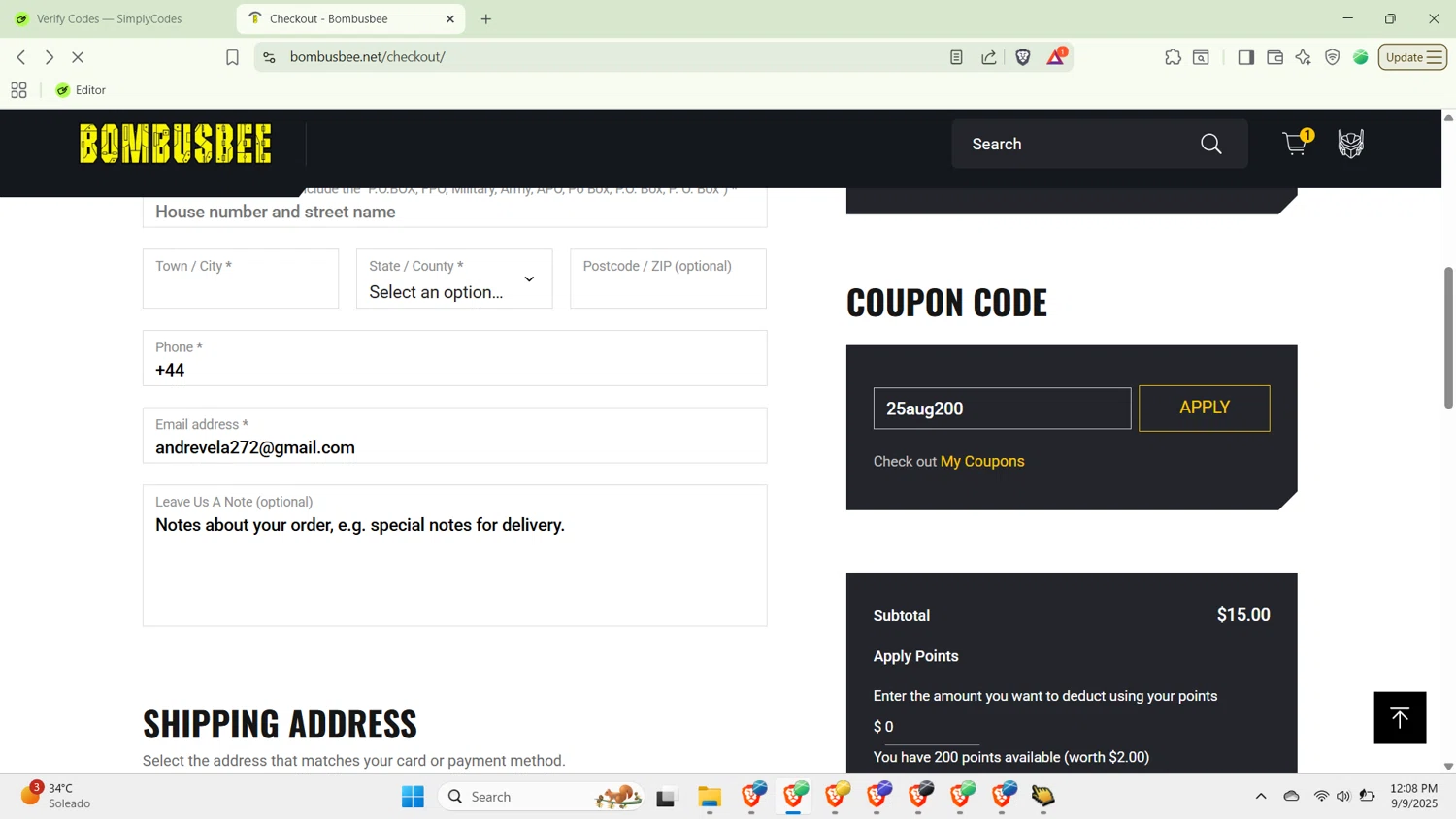 Bombusbee promo code screenshot showing code 25aug200 applied at Bombusbee checkout page. Uploaded by SimplyCodes community member Covid19 on Sep 9, 2025