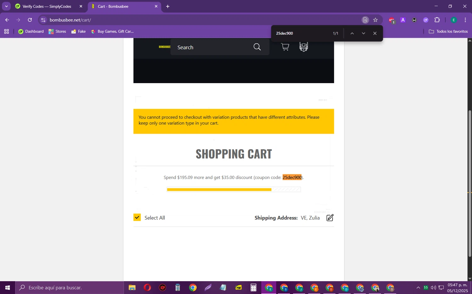 Bombusbee checkout page showing Bombusbee promo code box | Screenshot taken by SimplyCodes community member on Dec 5, 2025