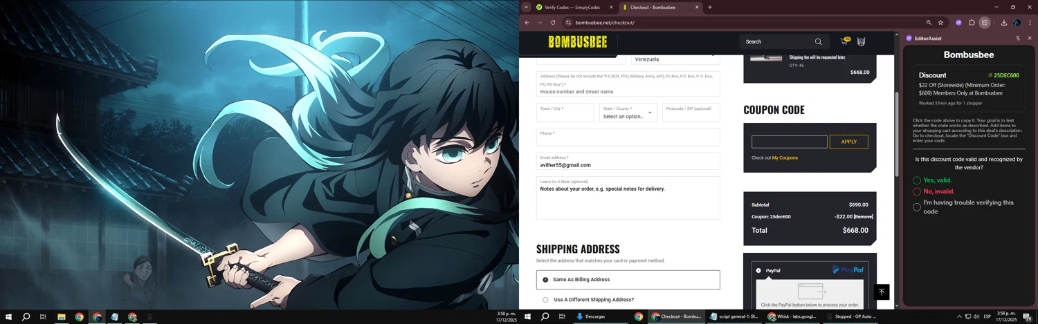 Bombusbee checkout page showing Bombusbee promo code box | Screenshot taken by SimplyCodes community member on Dec 17, 2025