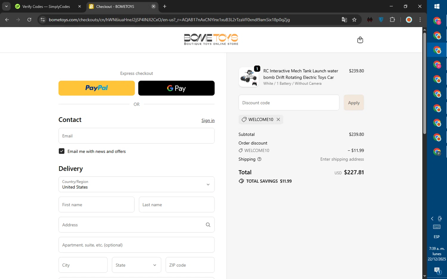 Bometoys promo code screenshot showing code WELCOME10 applied at Bometoys checkout page. Uploaded by SimplyCodes community member ValiantWarden8956 on Dec 22, 2025