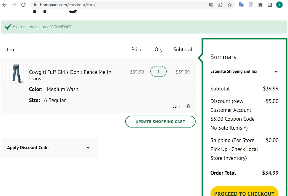 Bomgaars checkout page showing Bomgaars discount code box | Screenshot taken by SimplyCodes community member on Dec 5, 2022