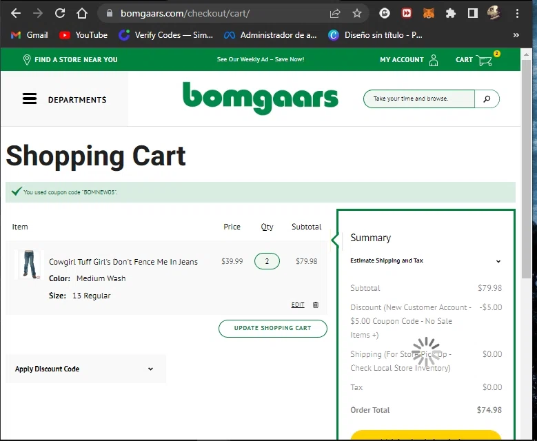 Bomgaars checkout page showing Bomgaars discount code box | Screenshot taken by SimplyCodes community member on Dec 4, 2022
