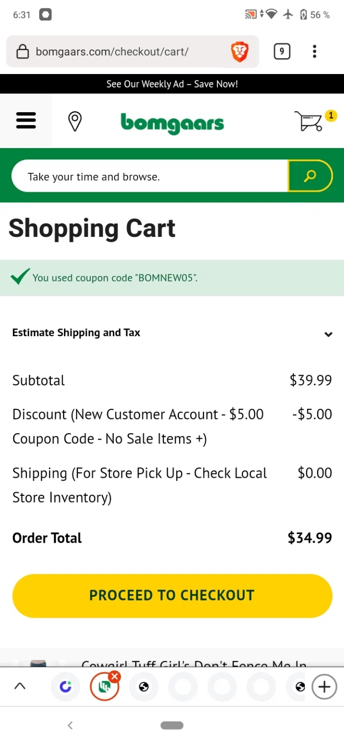 Bomgaars checkout page showing Bomgaars discount code box | Screenshot taken by SimplyCodes community member on Dec 5, 2022