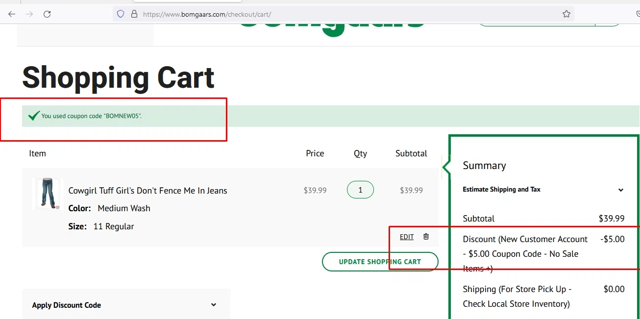 Bomgaars checkout page showing Bomgaars discount code box | Screenshot taken by SimplyCodes community member on Nov 6, 2022