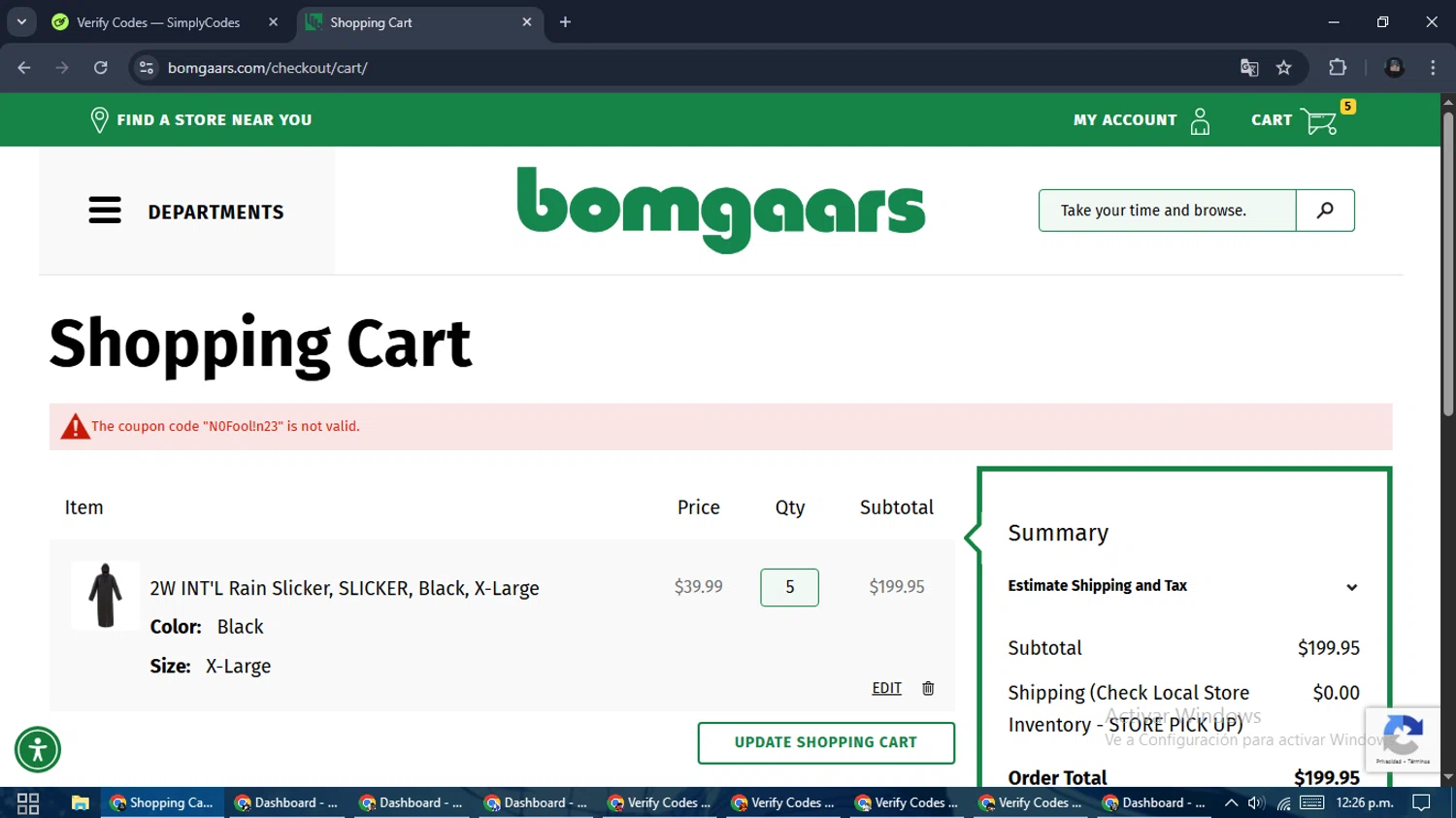 Bomgaars discount code screenshot showing code N0Fool!n23 applied at Bomgaars checkout page. Uploaded by SimplyCodes community member ValueElite5945 on Apr 14, 2025
