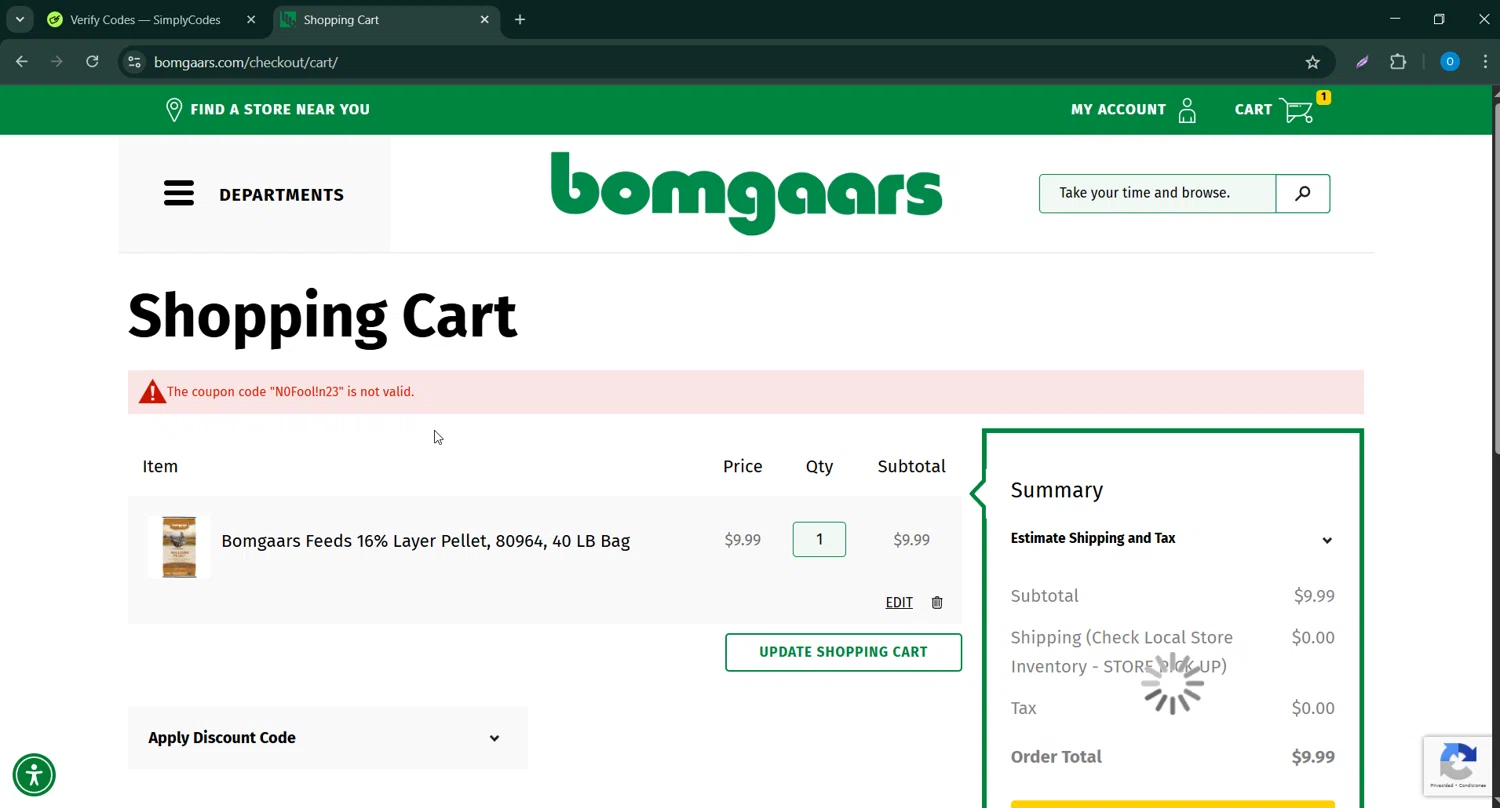 Bomgaars discount code screenshot showing code N0Fool!n23 applied at Bomgaars checkout page. Uploaded by SimplyCodes community member RoyalSage9159 on Apr 14, 2025