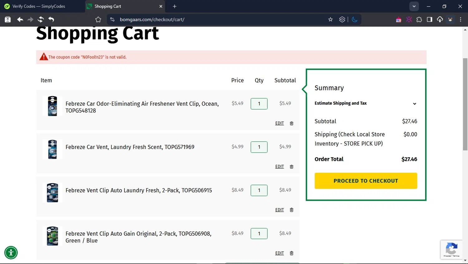 Bomgaars discount code screenshot showing code N0Fool!n23 applied at Bomgaars checkout page. Uploaded by SimplyCodes community member BrilliantTitan6909 on Apr 14, 2025