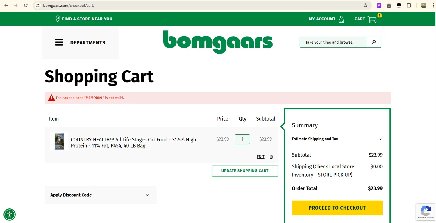Bomgaars discount code screenshot showing code MEMORIAL applied at Bomgaars checkout page. Uploaded by SimplyCodes community member Samugl21 on May 2, 2025