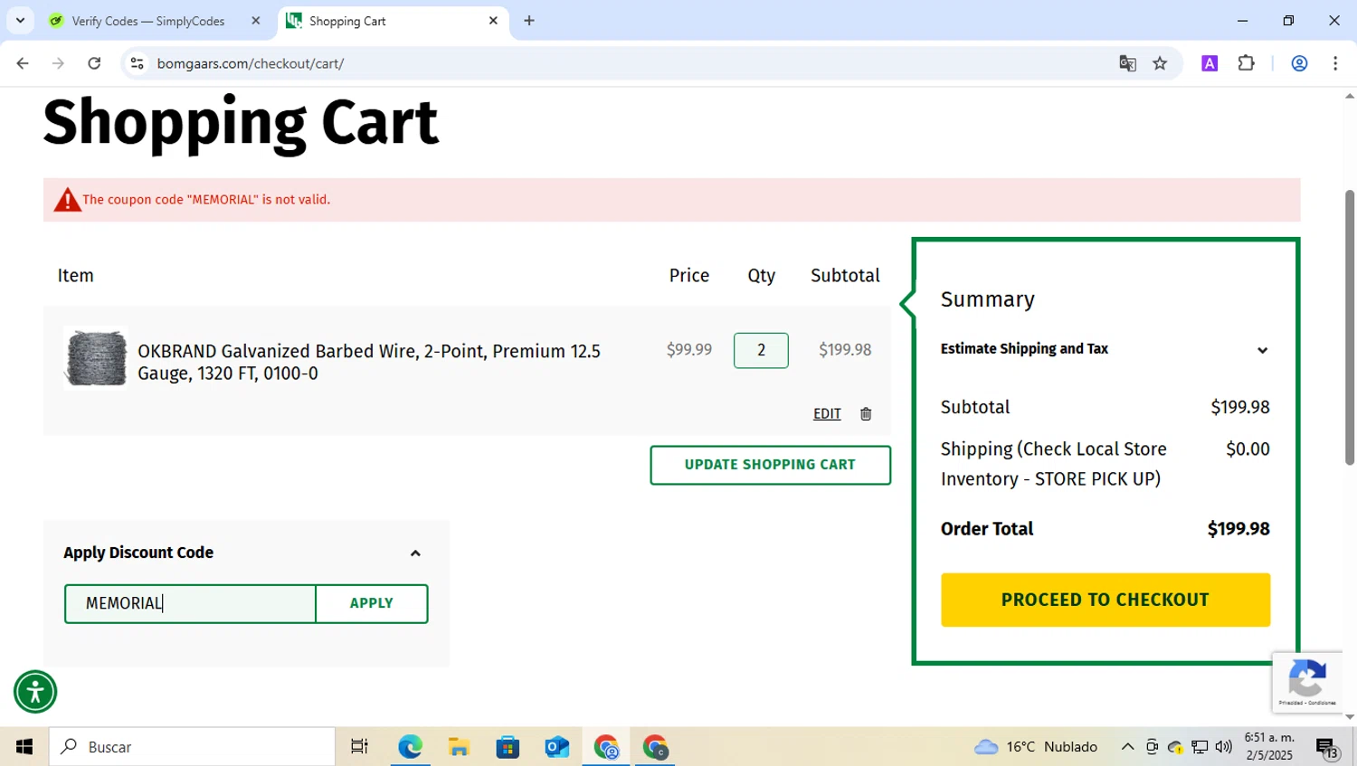 Bomgaars discount code screenshot showing code MEMORIAL applied at Bomgaars checkout page. Uploaded by SimplyCodes community member b3stia_1 on May 2, 2025
