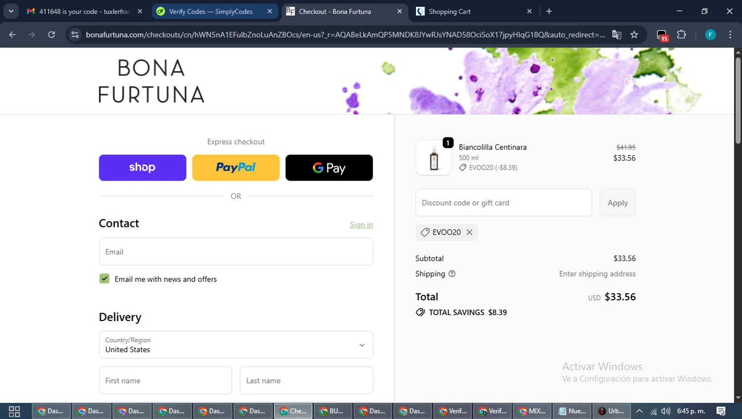 Bona Furtuna discount code screenshot showing code EVOO20 applied at Bona Furtuna checkout page. Uploaded by SimplyCodes community member ShrewdTitan3233 on Nov 27, 2025