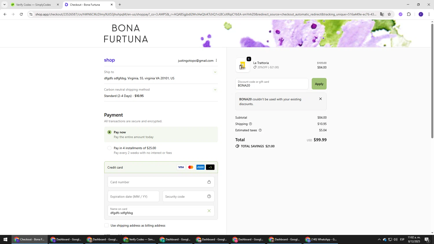 Bona Furtuna discount code screenshot showing code BONA20 applied at Bona Furtuna checkout page. Uploaded by SimplyCodes community member AberthGotopo on Dec 8, 2025