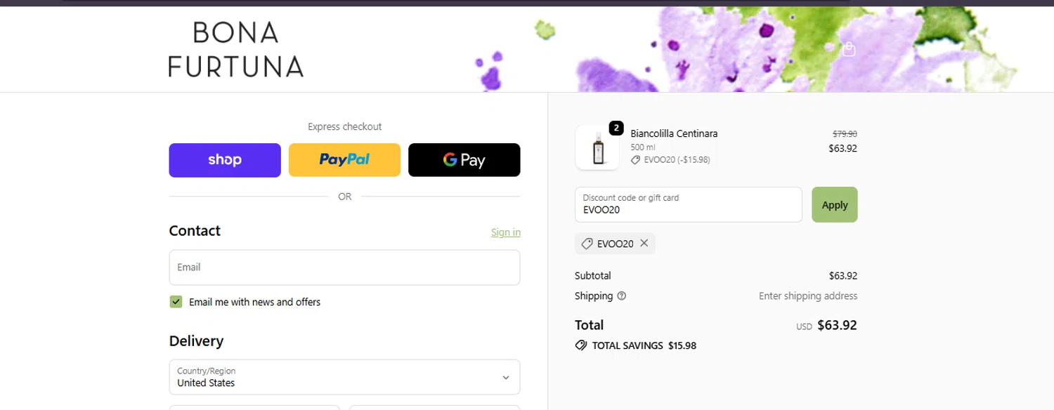 Bona Furtuna discount code screenshot showing code EVOO20 applied at Bona Furtuna checkout page. Uploaded by SimplyCodes community member ashe1986 on Oct 8, 2025