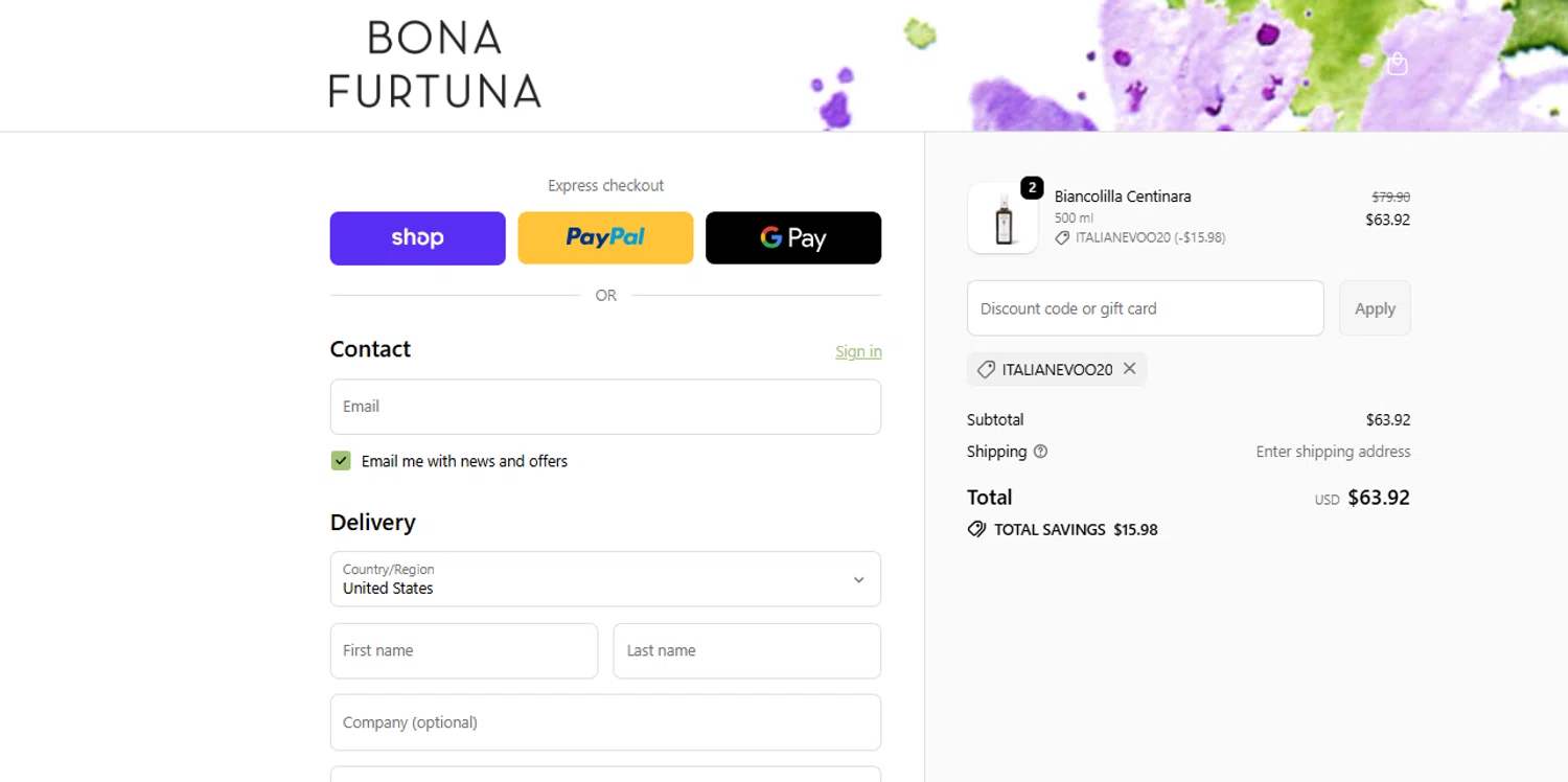 Bona Furtuna discount code screenshot showing code ITALIANEVOO20 applied at Bona Furtuna checkout page. Uploaded by SimplyCodes community member ashe1986 on Oct 8, 2025