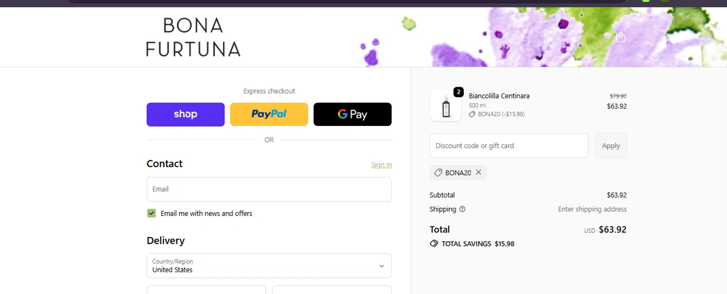 Bona Furtuna discount code screenshot showing code BONA20 applied at Bona Furtuna checkout page. Uploaded by SimplyCodes community member ashe1986 on Oct 8, 2025