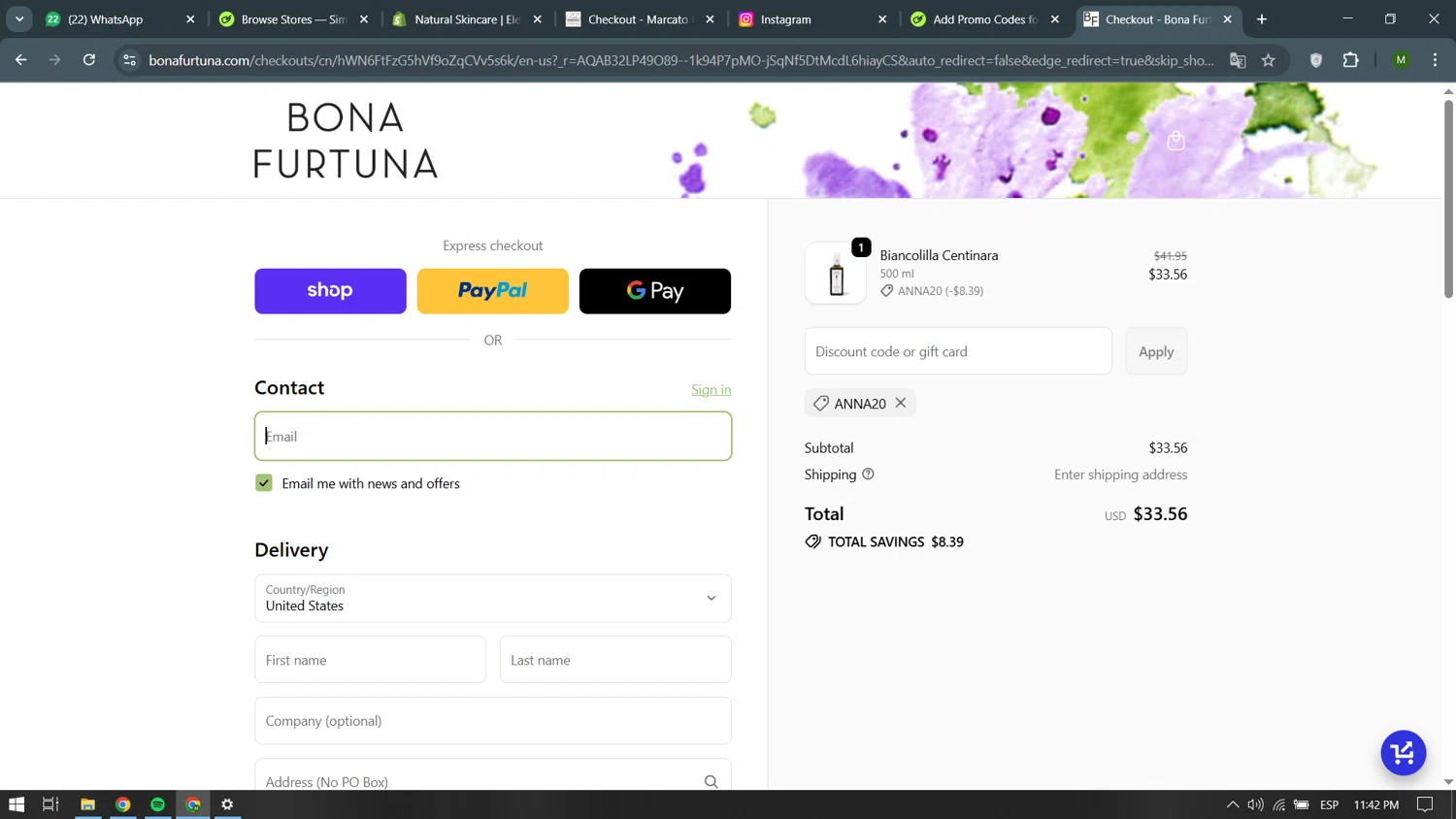 Bona Furtuna discount code screenshot showing code anna20 applied at Bona Furtuna checkout page. Uploaded by SimplyCodes community member becomeaware on Dec 10, 2025
