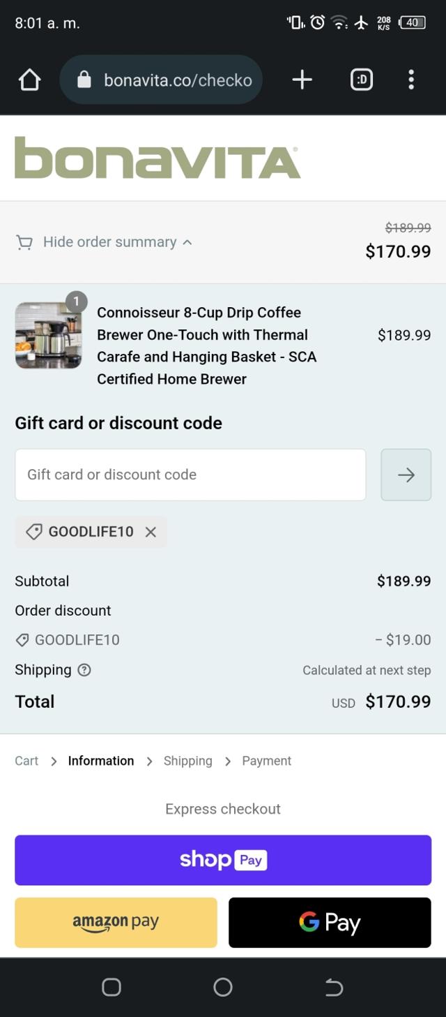 Bonavita checkout page showing Bonavita discount code box | Screenshot taken by SimplyCodes community member on Sep 1, 2023