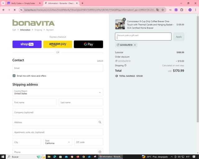 Bonavita checkout page showing Bonavita discount code box | Screenshot taken by SimplyCodes community member on Mar 22, 2024