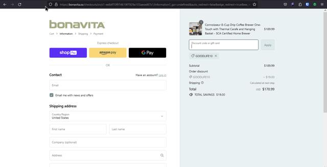 Bonavita checkout page showing Bonavita discount code box | Screenshot taken by SimplyCodes community member on Dec 26, 2023