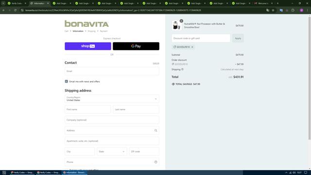 Bonavita checkout page showing Bonavita discount code box | Screenshot taken by SimplyCodes community member on Oct 9, 2024