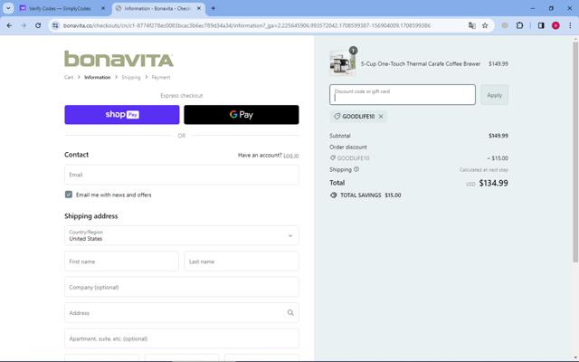 Bonavita checkout page showing Bonavita discount code box | Screenshot taken by SimplyCodes community member on Feb 22, 2024