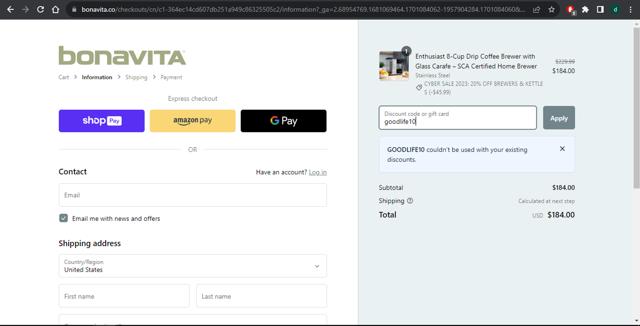 Bonavita checkout page showing Bonavita discount code box | Screenshot taken by SimplyCodes community member on Nov 27, 2023