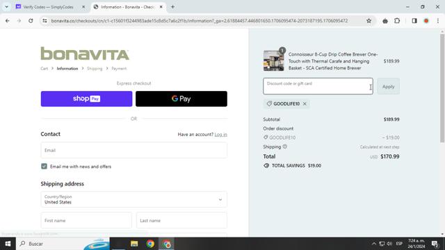 Bonavita checkout page showing Bonavita discount code box | Screenshot taken by SimplyCodes community member on Jan 24, 2024