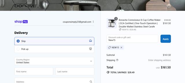 Bonavita checkout page showing Bonavita discount code box | Screenshot taken by SimplyCodes community member on Aug 16, 2025