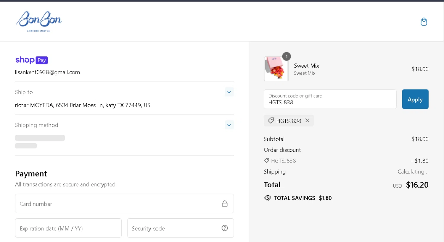 BonBon Candy checkout page showing BonBon Candy promo code box | Screenshot taken by SimplyCodes community member on Aug 15, 2024