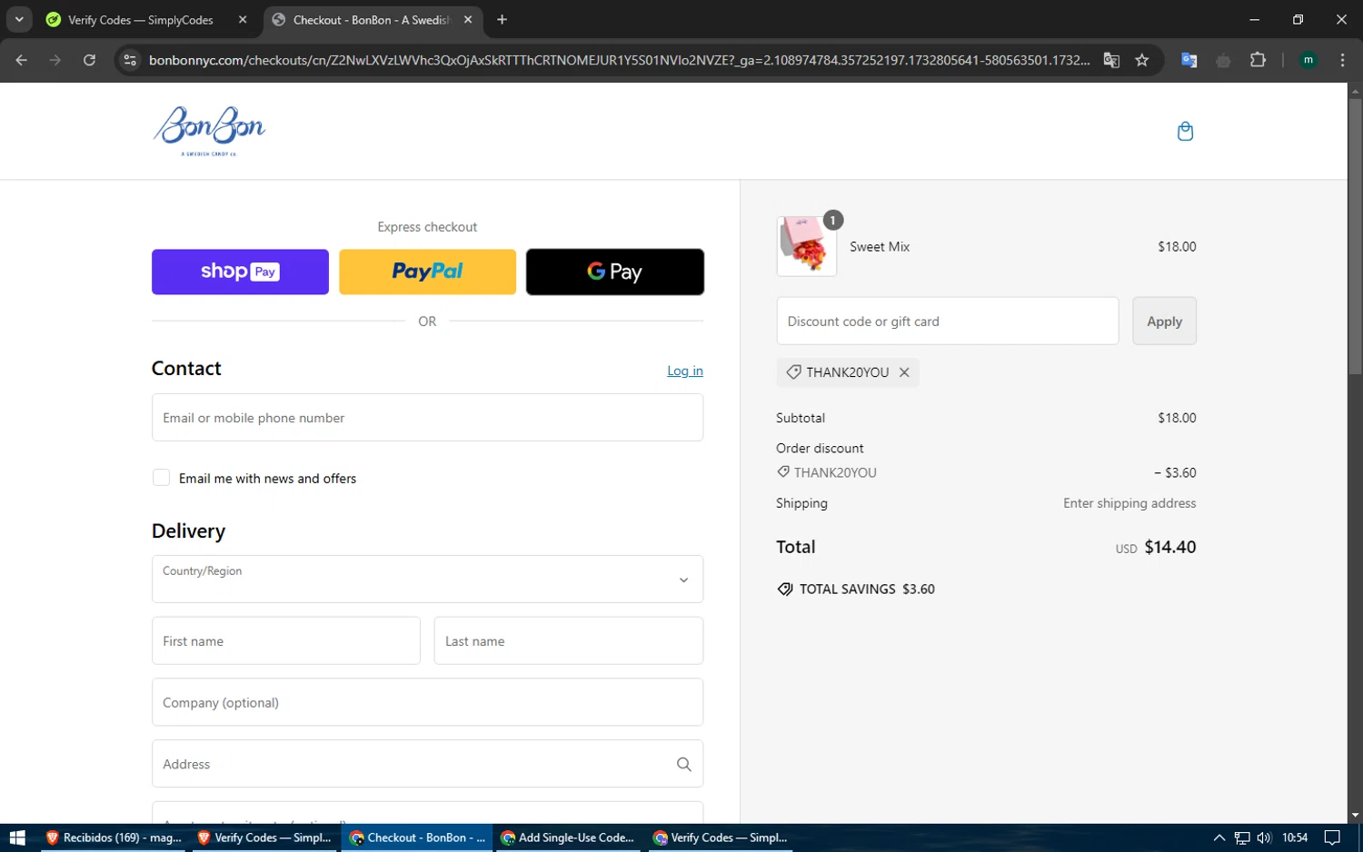 BonBon Candy checkout page showing BonBon Candy promo code box | Screenshot taken by SimplyCodes community member on Nov 28, 2024