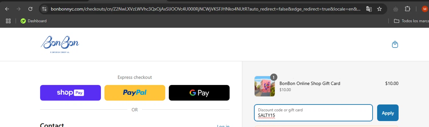 BonBon Candy checkout page showing BonBon Candy promo code box | Screenshot taken by SimplyCodes community member on Apr 12, 2025