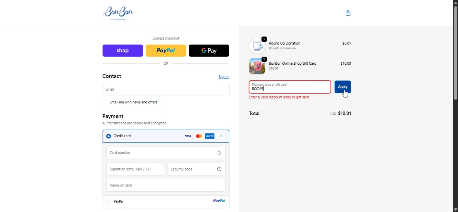 BonBon Candy promo code screenshot showing code BOO15 applied at BonBon Candy checkout page. Uploaded by SimplyCodes community member LuckyPioneer1027 on Oct 22, 2025