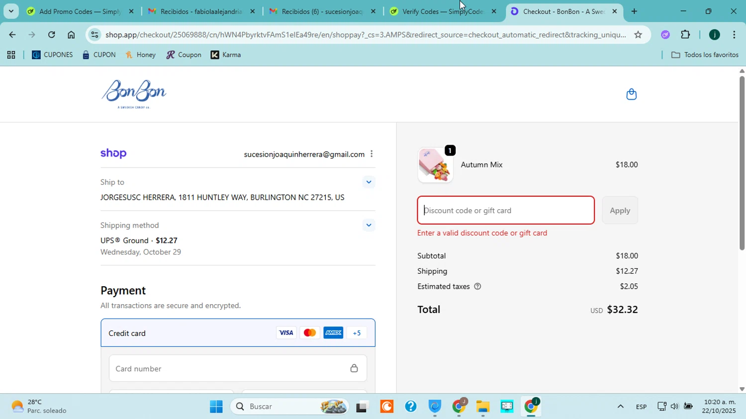BonBon Candy promo code screenshot showing code BOO15 applied at BonBon Candy checkout page. Uploaded by SimplyCodes community member jorgejavierherrera on Oct 22, 2025