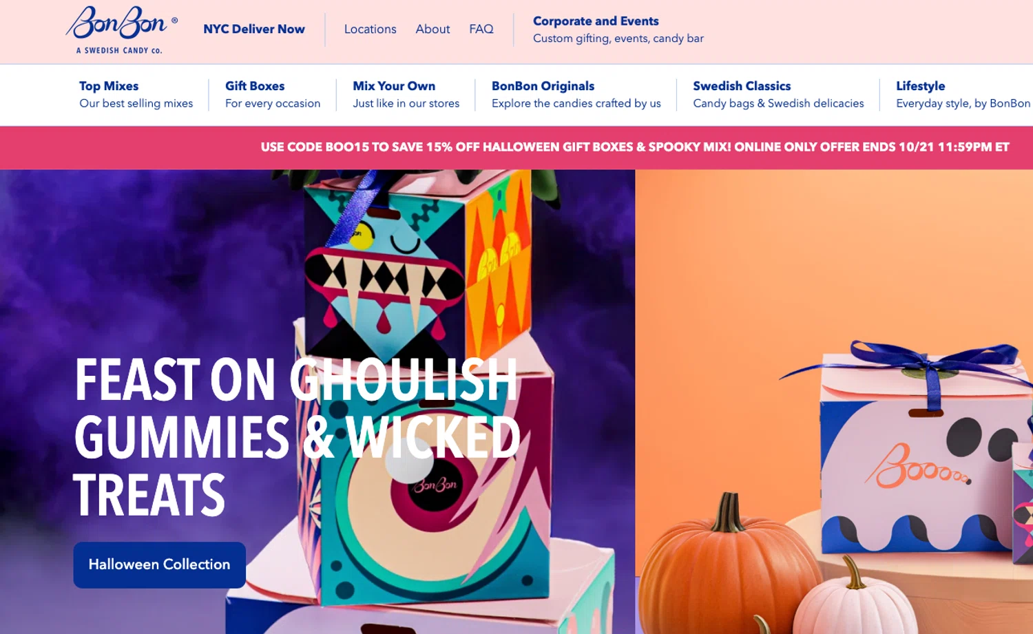 BonBon Candy promo code screenshot showing code BOO15 applied at BonBon Candy checkout page. Uploaded by SimplyCodes community member ELOIN777 on Oct 20, 2025