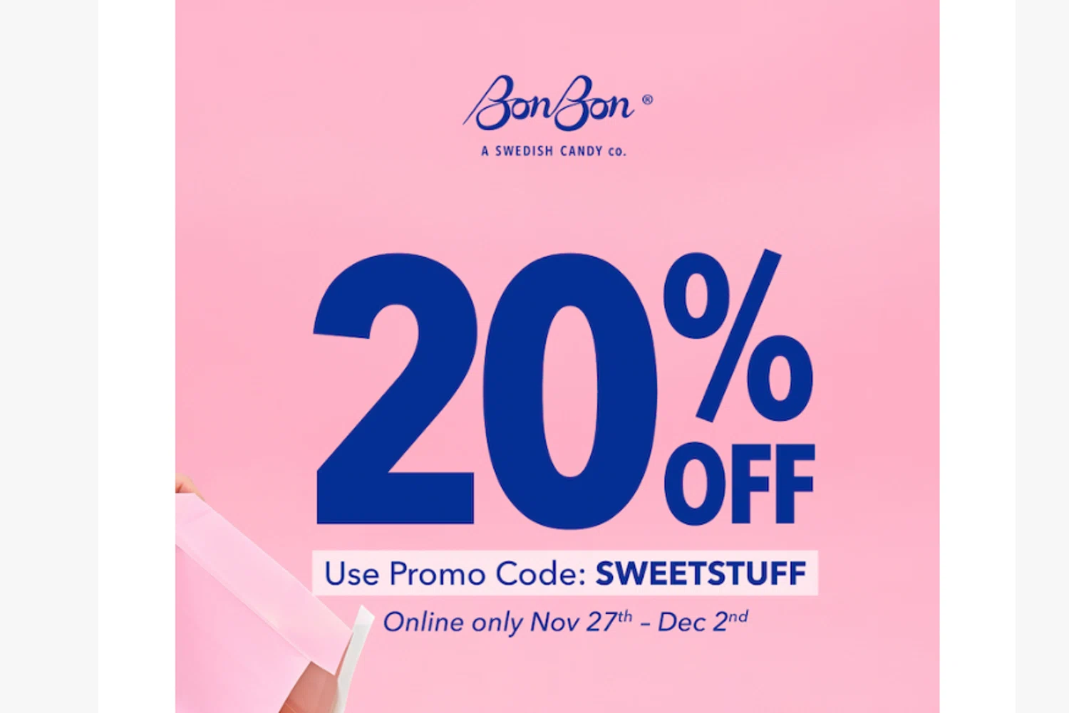 BonBon Candy promo code screenshot showing code SWEETSTUFF applied at BonBon Candy checkout page. Uploaded by SimplyCodes community member jesspea on Nov 27, 2025